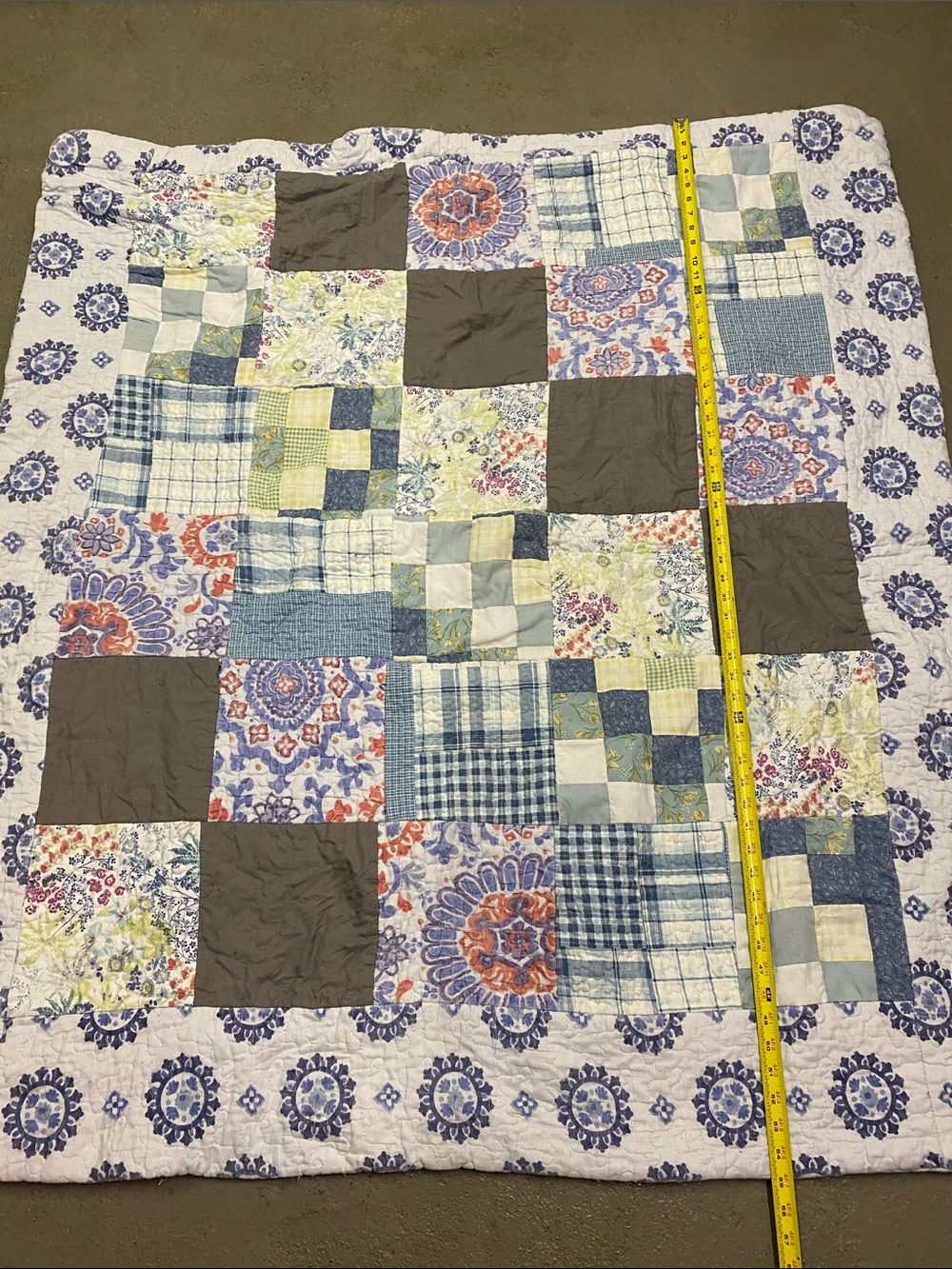 Patchwork Quilted Throw in Blue, Gray, Cream - Home Bedding